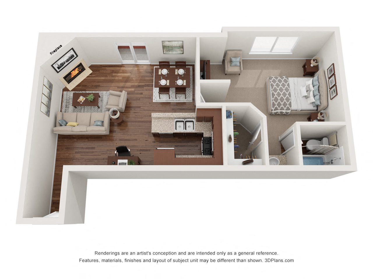Floor plan for 1 bed, 1 bath, 800 sqft